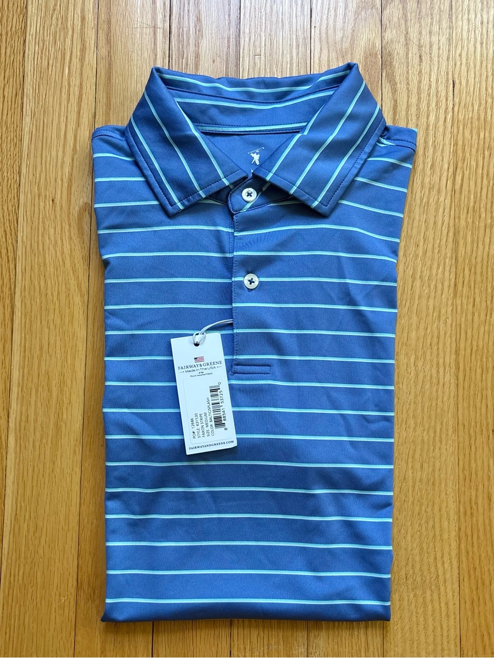 NWT Fairway & Greene Mens Short Sleeve Performance Polo Medium Blue Stripes USA